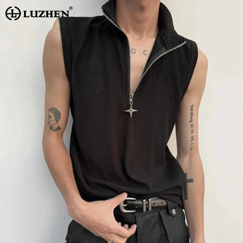 LUZHEN Solid Color Zipper Decorate Sleeveless T-shirts Men's 2025 Summer Original Streetwear Trendy Stand Neck Tank Tops JY2796