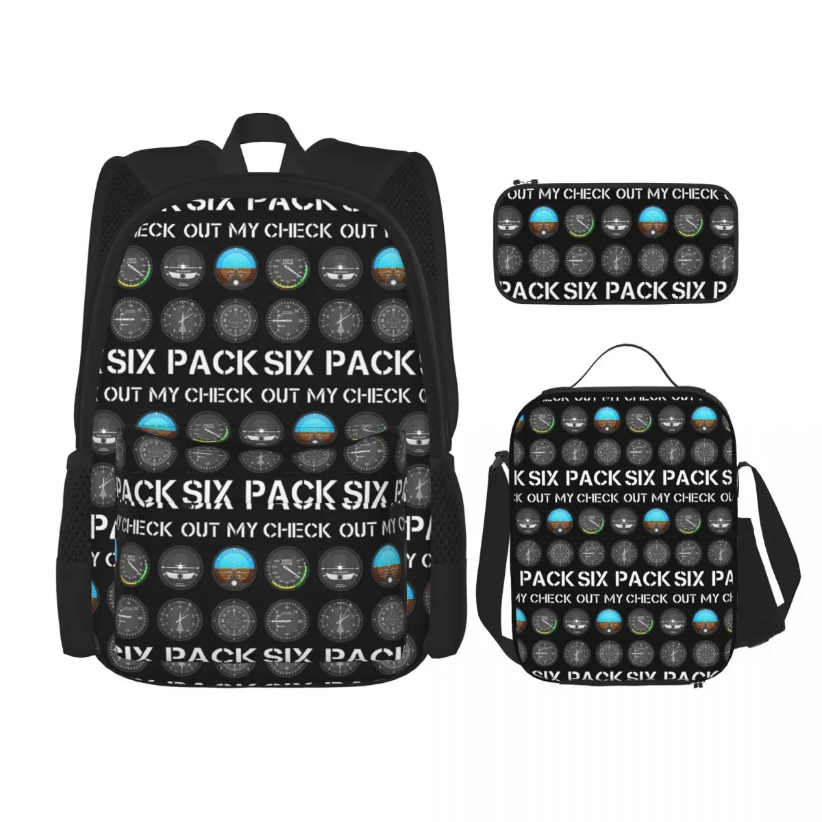 Funny Pilot Top Airplane Six Pack Flight Instruments Backpacks Bookbag School Bags Rucksack Lunch Bag Pen Bag Three-Piece Set