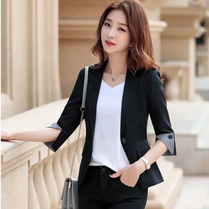 Blazer wanita model Korea, Blazer wanita kantor lengan tiga perempat, mantel Blazer pendek kasual, pakaian luar wanita, busana musim panas dan semi