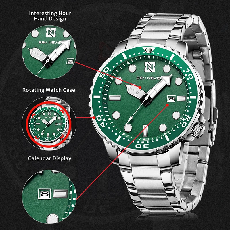 46mm BEN NEVIS Sports Quartz Watch 30M Waterproof Quartz Movement Luxury Green Diving Water Ghost Style Watch