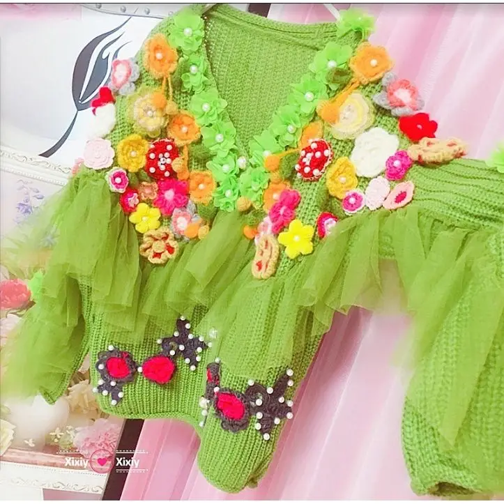 Handmade Women Hook 3D Flowers Woolen Coat Sweater Pearls Beaded Cherry Knitted Cardigen Mesh Ruffles Long Sleeve Knitwear Tops