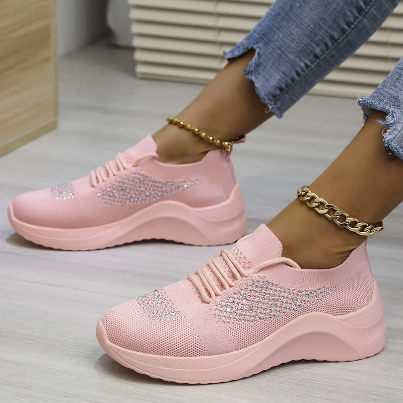 

Women Sneakers White Summer Breathable Mesh Casual Shoes Red Rhinestones Korean 2022 Pop Lace Up Slip On Women Shoes Autumn