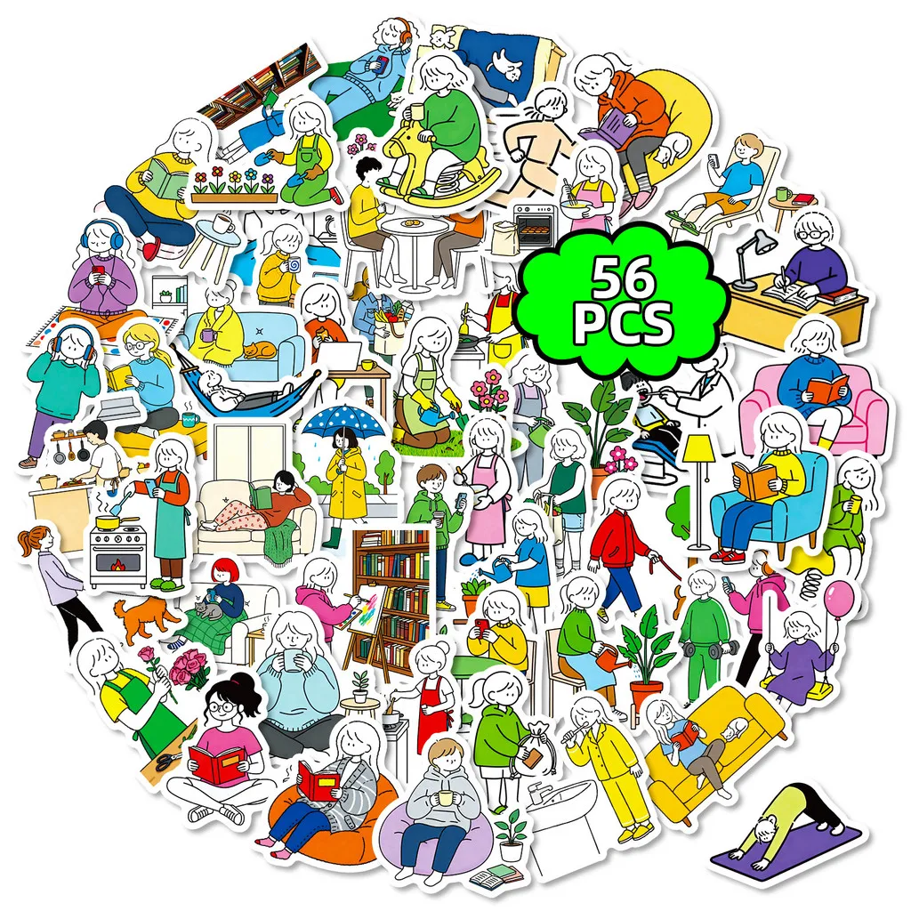 56Pcs Simple Warm Daily Life Doodle Stickers, Running Reading Cooking Leisure Character Waterproof Decal RecordingYourLife Store