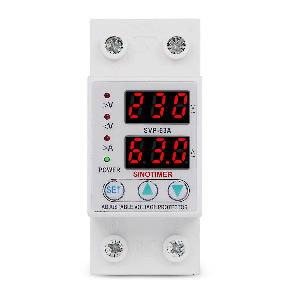 

SVP-63A 220V Single-phase Smart Adjustable Over Under Voltage Protection Limit Current Protector Dual Display Automatic Reset