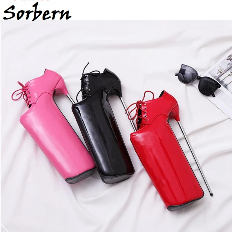 Sorbern 30cm Metal Heels Women Pumps Shoes With Platform Shiny Patent Fabric Lace Up Fashion Real Image Show Shoes