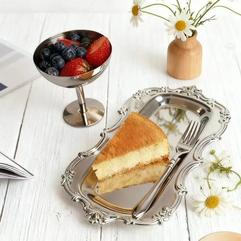 Vintage Embossed Stainless Steel Tray Serving Platter for Desserts Jewelry Storage Organizer Snack Plate For Dining Table Decor