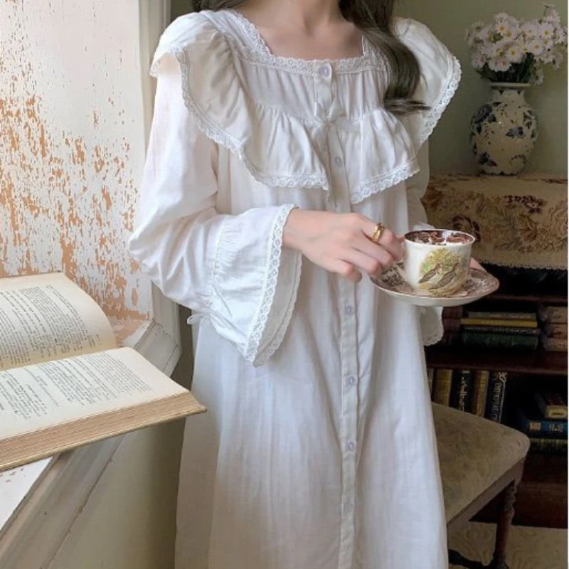 Court Style Nightgowns Women Autumn Spring Ruffles Cotton Longer Kawaii Korean-style Single Breasted Flying Sleeve Cozy Home New