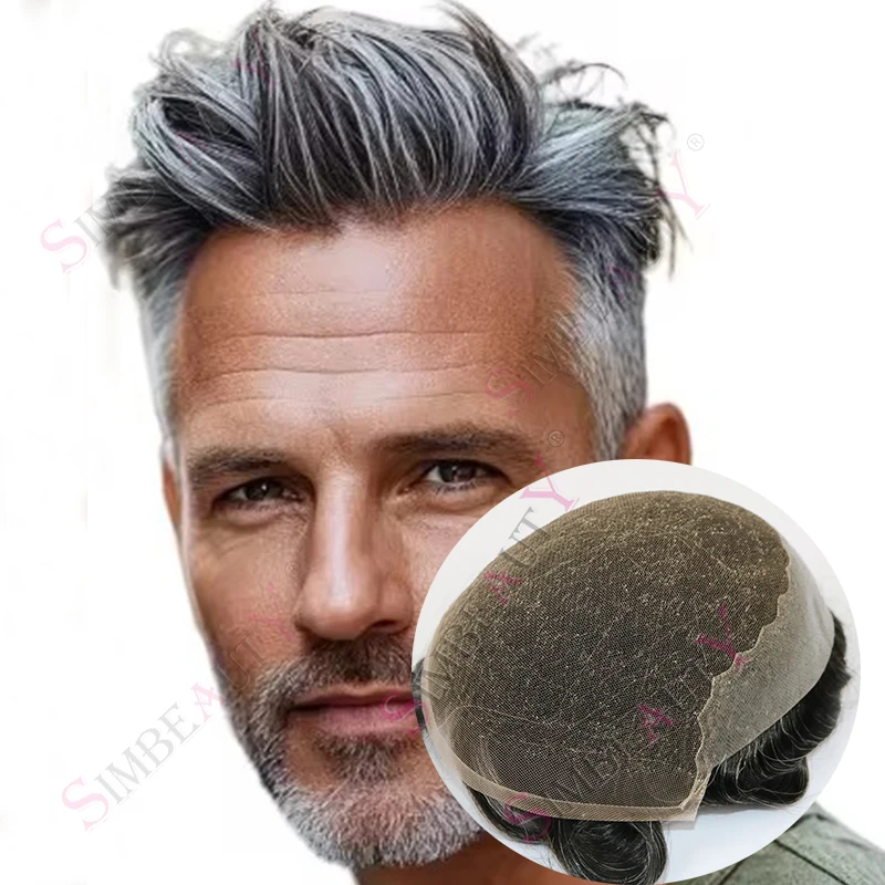 

Необнаружимый мужской парик из натуральных волос Q6, швейцарское кружево и искусство, 100% человеческие волосы 18 # 1B40 Пепельно-русый коричнево-серый дышащий парик