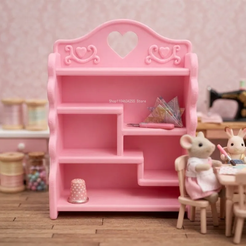 Mini Pink Hollow Heart-shaped Bookshelf Doll Furniture Ornament Miniature Scene Decoration Accessory Plastic Toy Storage Rack
