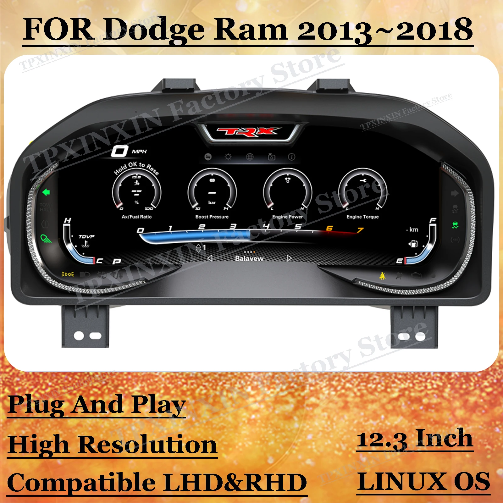 

1920*720 Digital LCD Virtual Cluster Cockpit For Dodge Ram 2013~2018 Dashboard Panel Speed Meters 12.3 Inch Linux system
