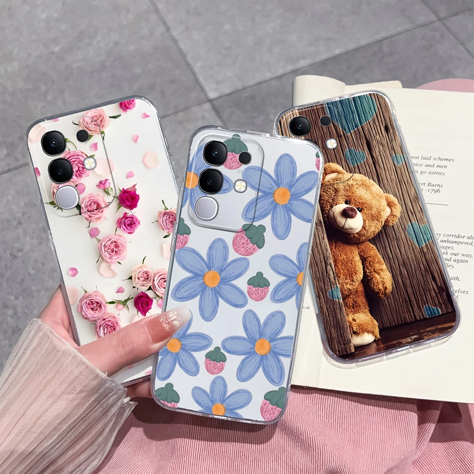 Para Vivo Y29 4G Y29S 5G Funda de teléfono flores encantadoras oso TPU Funda trasera de silicona transparente para Vivo Y 29 4G Y 2 9 S 5G Funda
