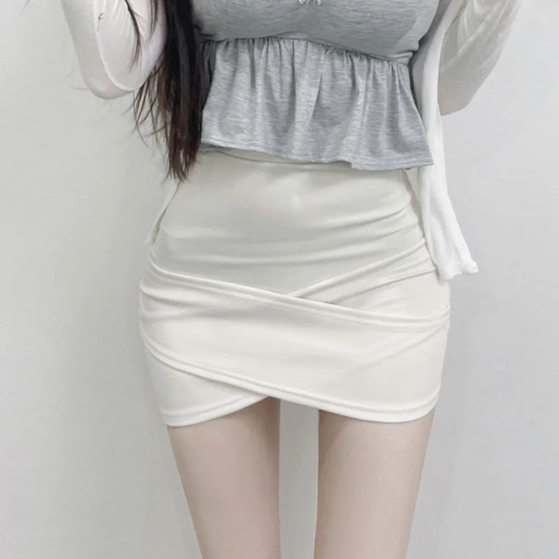 

Sexy High Waist Skirt Women's Fashion Spring Summer New Style Slim Fit Cross Design Milk White Bodycon Skirt