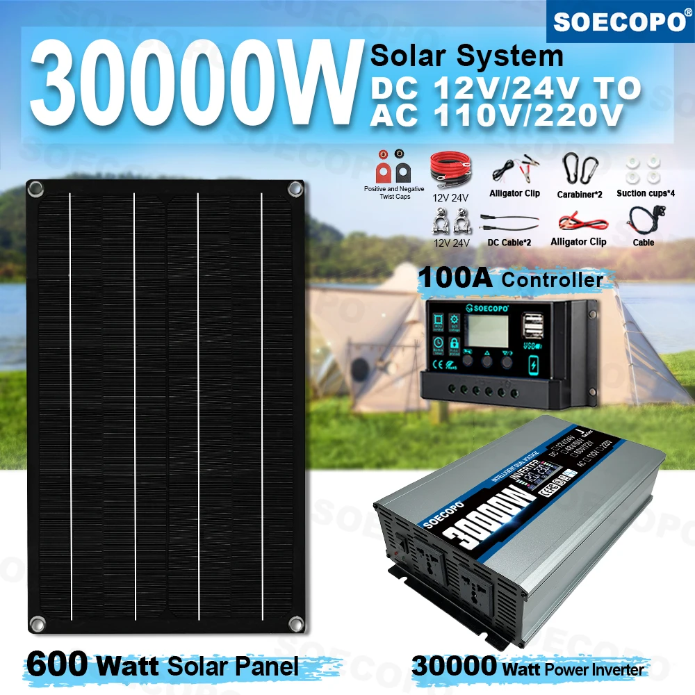 

SOECOPO 30000W Complete Solar System Kit: 600W Solar Panel Inverter 2 sockets 12V/24V To 110V/220V 100A Controller Home Camping
