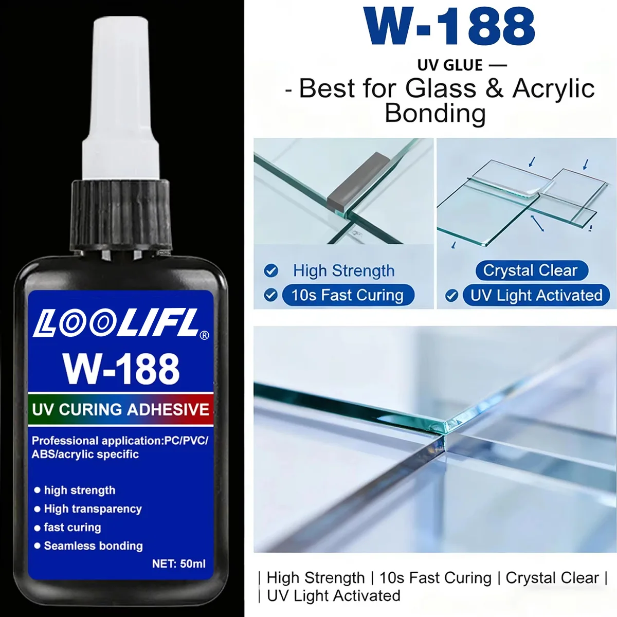 LOOLIFL W-188 UV-Schattenloser Klebstoff UV-Lichthärtender Klebstoff Hochtransparente Spurenlose Verbindung für Glas zu Glas, Glas-Metall-Kristall – Detail 2