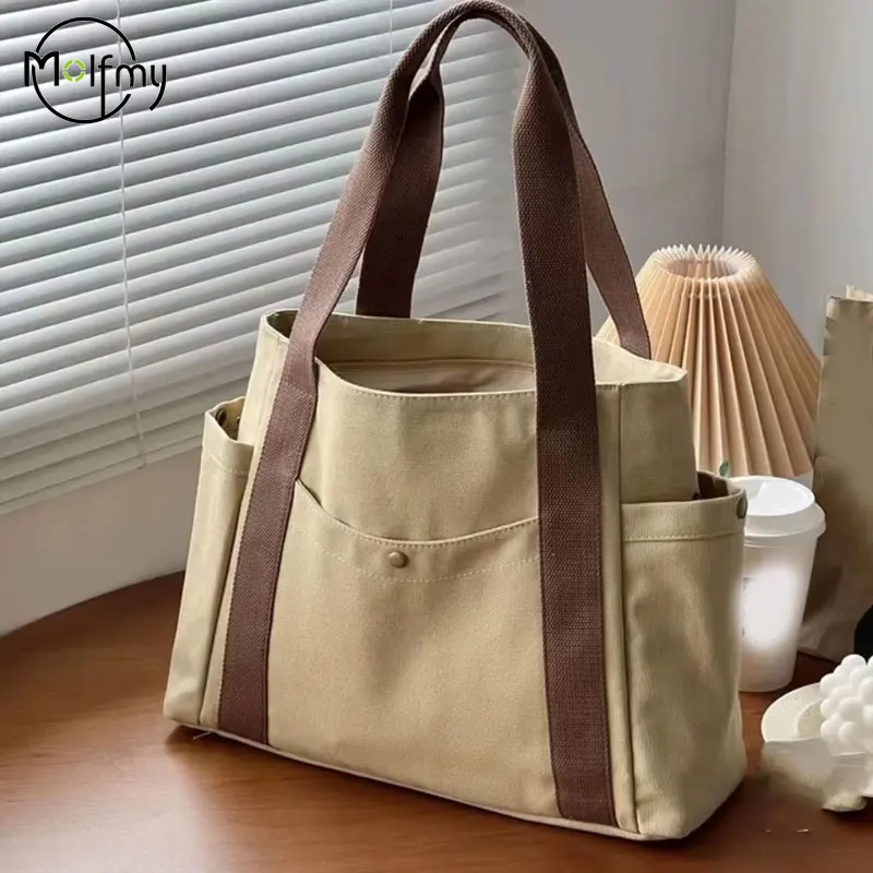 

Canvas Tote Bags Large Capacity Versatile Handbag for Work Multiple Pockets Student Class Underarm Women's Bag Shopping Bag