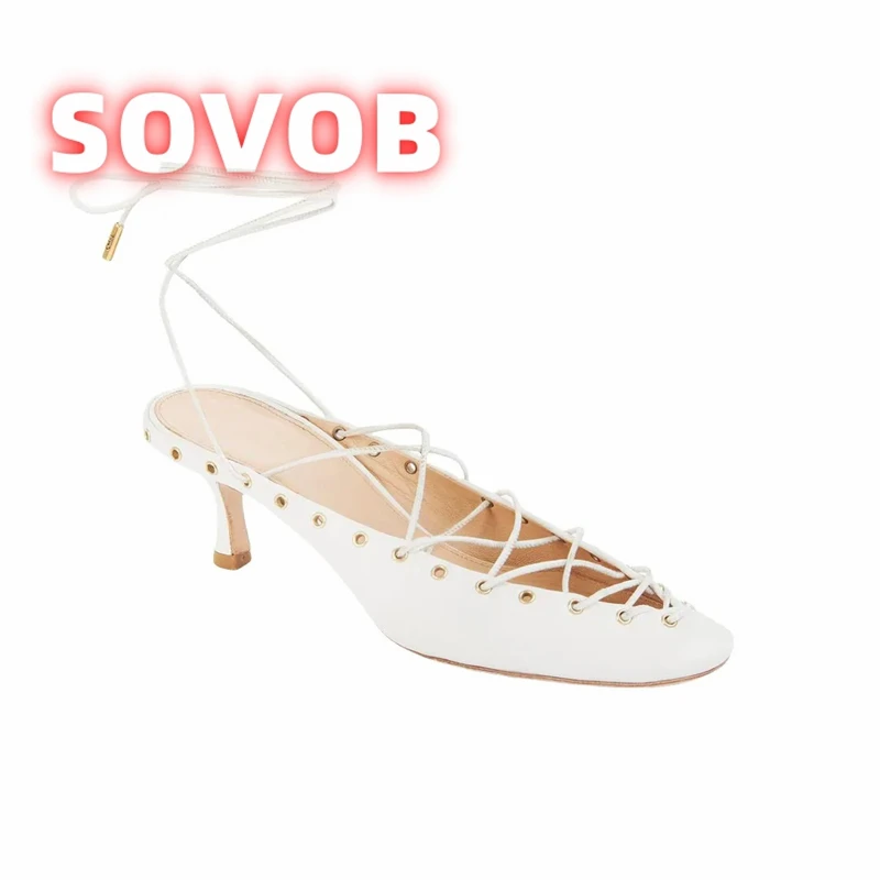 Women's Lace-Up Kitten Heel Pumps ,Ankle Wrap Sandals with Gold Stud Eyelets, Round Toe Low Heel Slingback Pumps for Women
