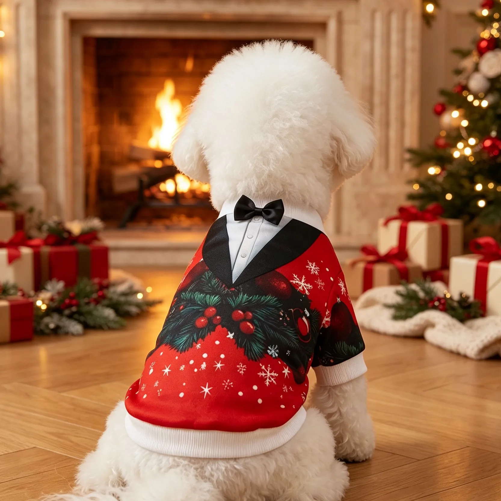 Pet clothing, fake two-piece formal suit printed hoodie with tie, pine branch colored ball snowflake printed pet hoodie