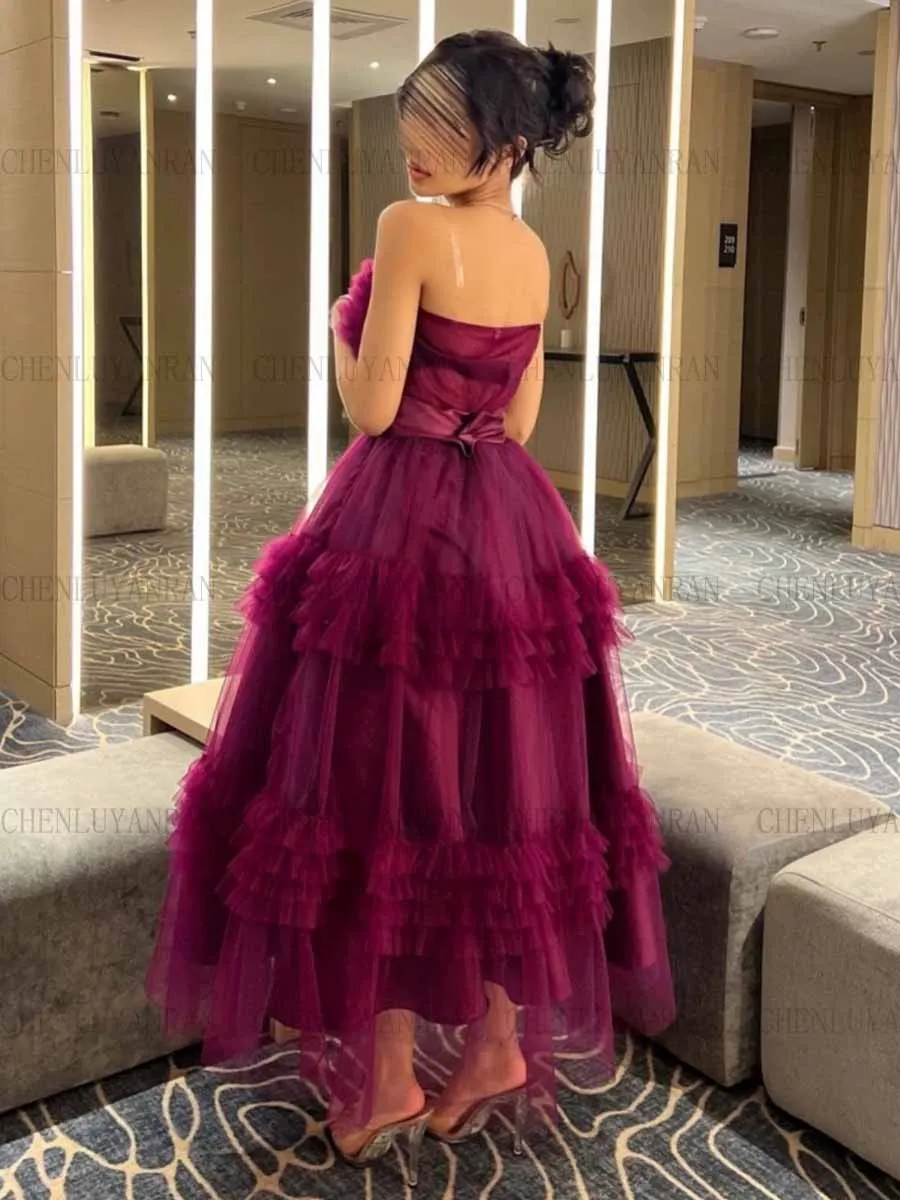 Purple Sexy Formal Occasion Dresses Strapless Pleat Tulle Prom Gowns Puffy A-Line Zipper Evening Party Dress فساتين حفلات