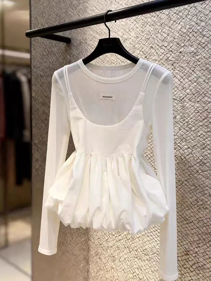 

Korean Style White Flower Bud Women's Shirt Summer New Fashion Layered Wear Long Sleeve Breathable Skin-friendly round Neck Top