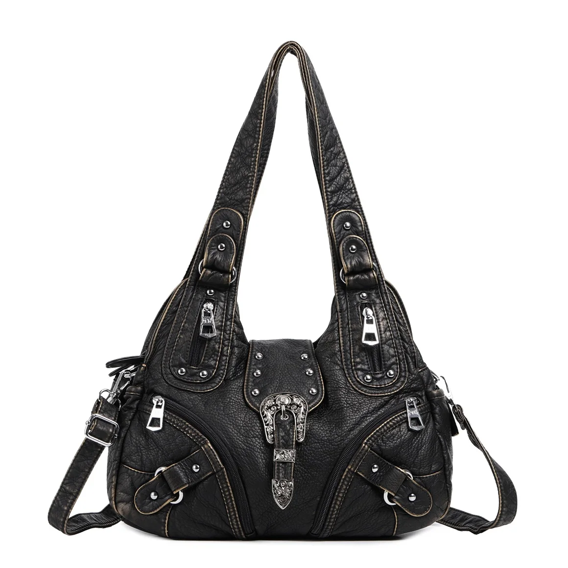 Vintage Washed PU Leather Hobo Shoulder Bag for Women Rivet Buckle Large Crossbody Handbag Multi Pockets Casual Travel Tote Bag