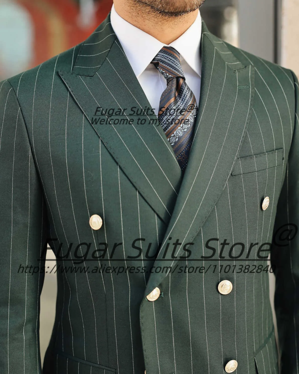 Business Green Stripe Men Suits Slim Fit Double Breasted Groom Formal Tuxedos 2 Pieces Sets Classic Male Blazers Costume Homme