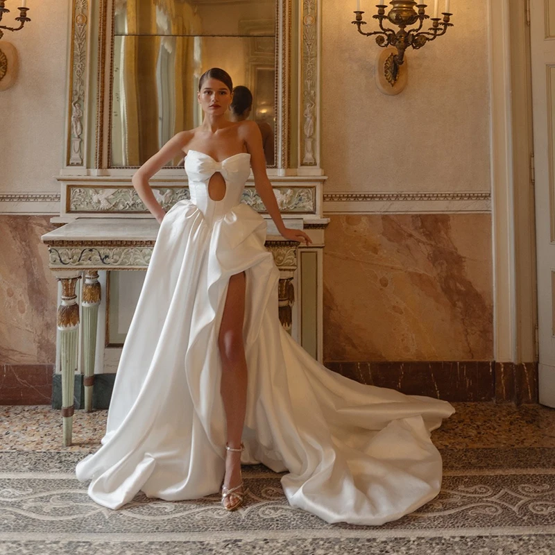

Eightree Princess A-Line Wedding Dresses White Sleeveless Bow Satin Wedding Ball Gown Women Bridal Ball Prom Dress Customized
