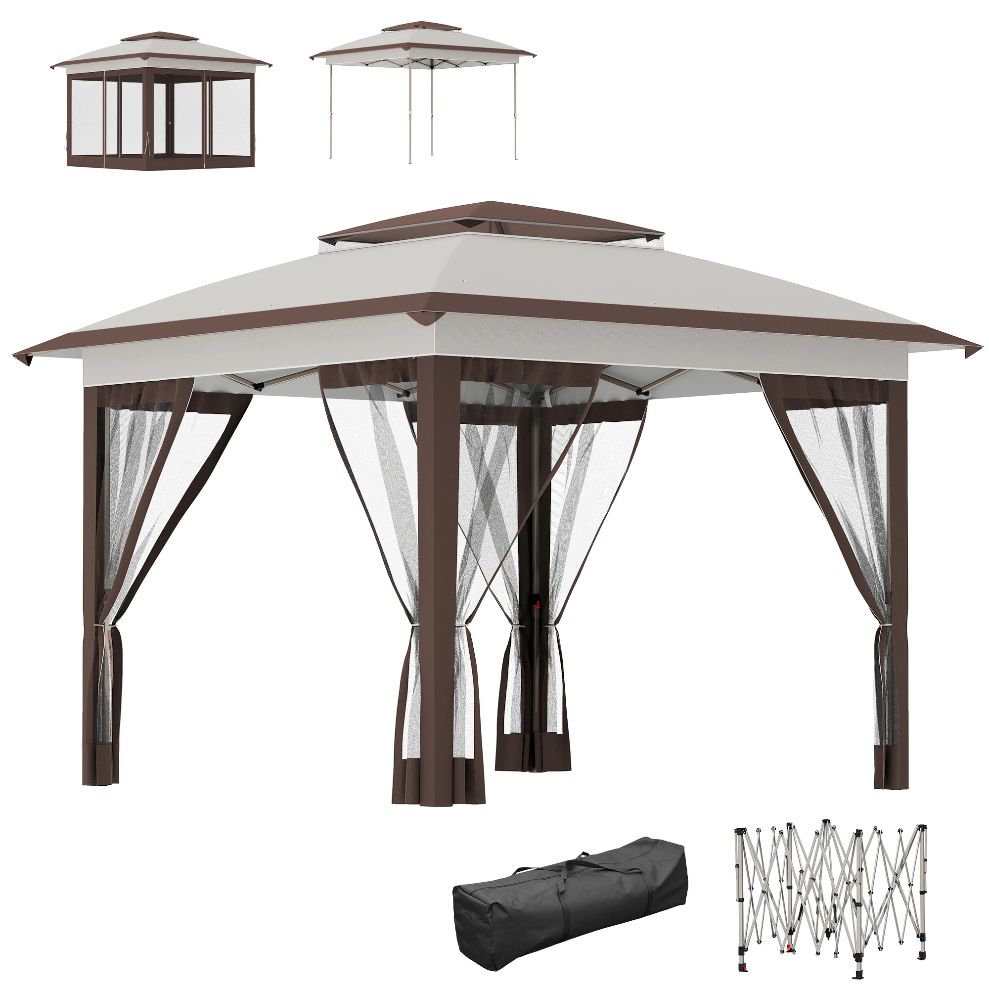 12' X 12' Backyard Party Cabana Gazebo W/ 3-Level Adjustable Height, Beige