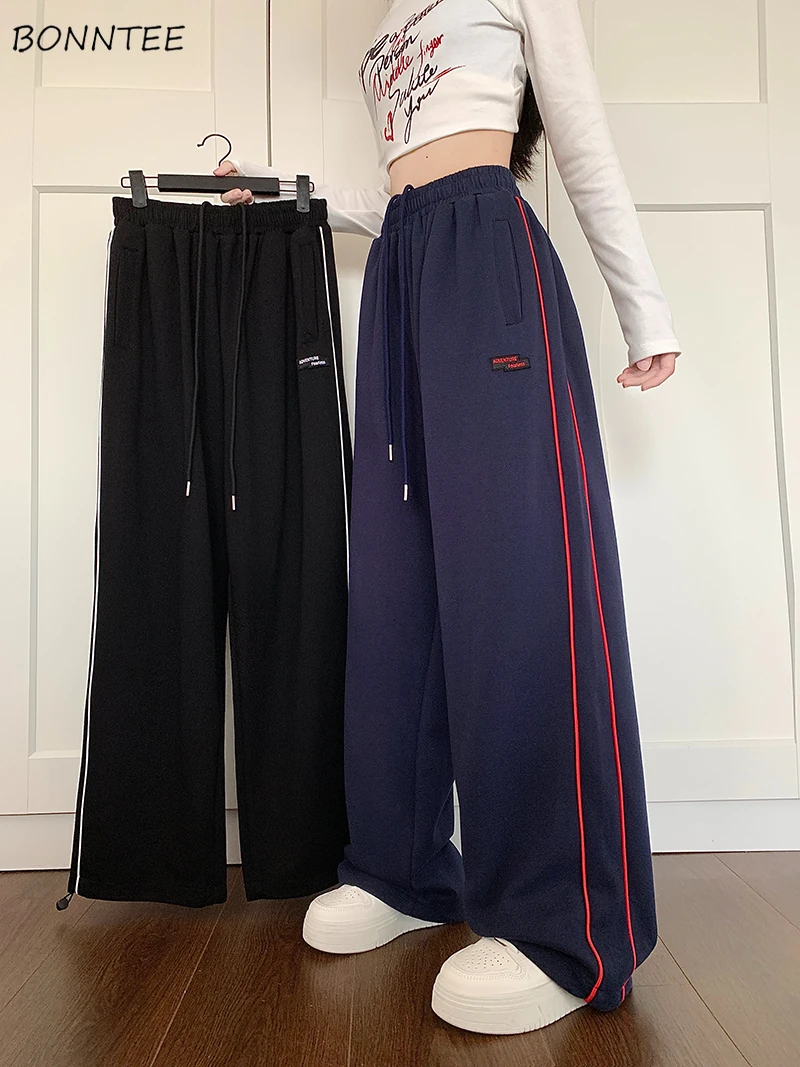 Casual Pants Women Plus Velvet Striped Y2k Vintage Baggy Trousers Sporty All-match High Waist Pockets Streetwear Hip Hop New