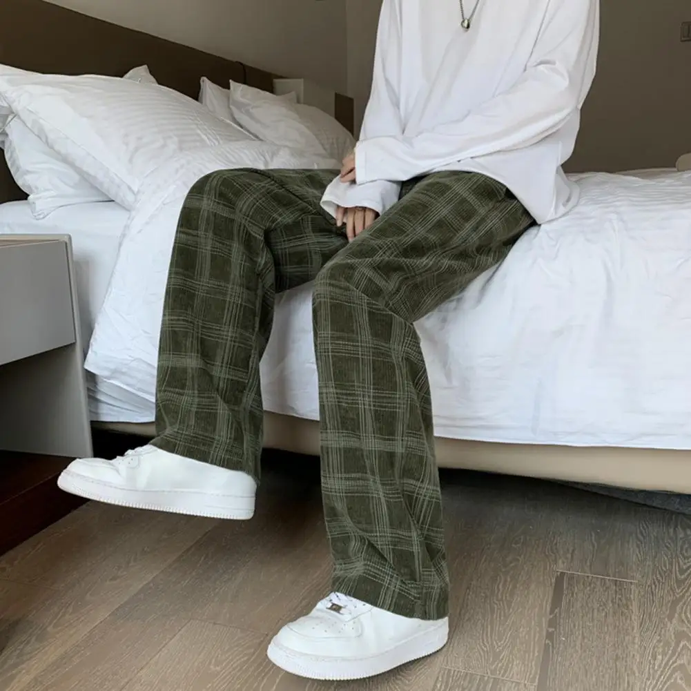 

Stylish Loose Casual Long Sport Trousers Fine Sewing Long Pants Plaid Print Loose Casual Corduroy Pants Streetwear