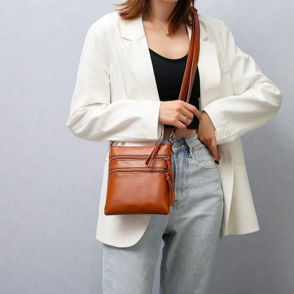 

Fashion Zipper Mobile Phone Pouch PU Leather Soft Leather Single Shoulder Bag 3 Layers Solid Color Vertical Square Bag Travel