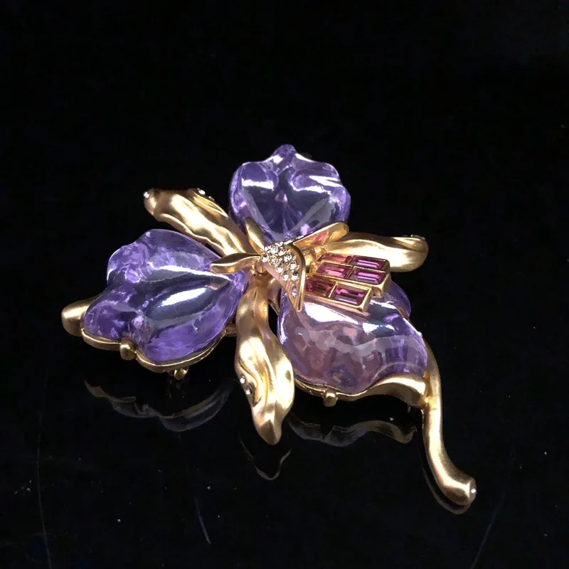 Vintage General Style Orchid Brooches With Cloud Pattern Niche Jelly Resin Purple High-end Flower Brooch For Women