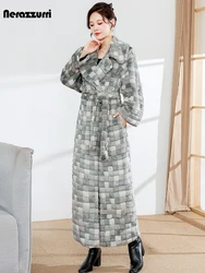 Nerazzurri Winter Extra Long Thick Colorful Warm Checkerboard Faux Fur Coat Women Sashes Luxury Designer Maxi Furry Overcoat