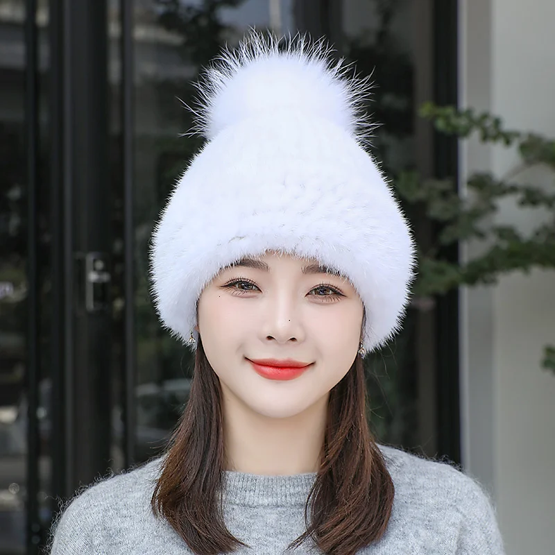 Women Cenuine Real Natural Knitted Mink Fur Hat Fashion Winter Warm Women Knit Caps Mink Hats With Fox Fur Vertical Woven Top