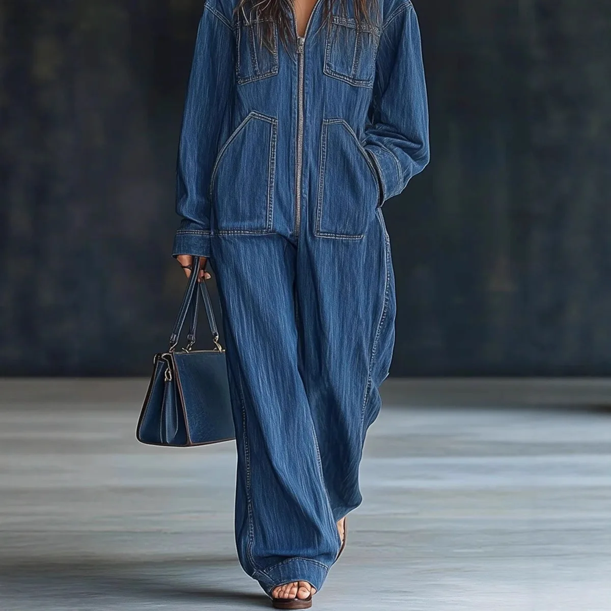 Women Denim Hooded Jumpsuit Fashion Single-breasted Solid Romper Elegant Hight Street Casual Long Sleeve Pockets Loose Party