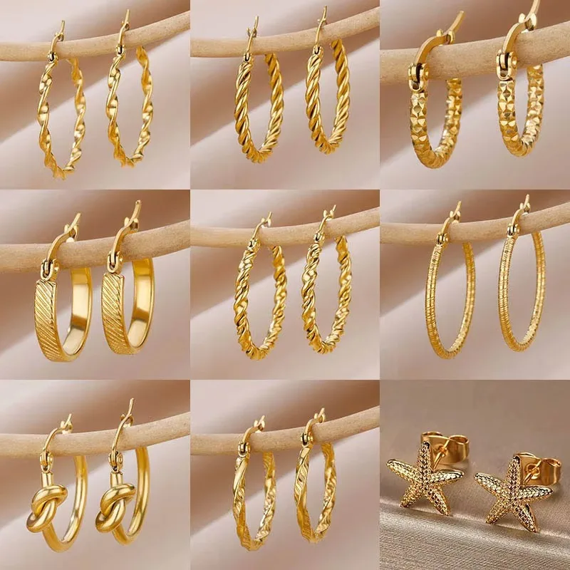 Vintage Round Stainless Steel Hoop Earrings For Women Gold Plated Earring 2023 Trending Statement Ear Jewelry Christmas Gift