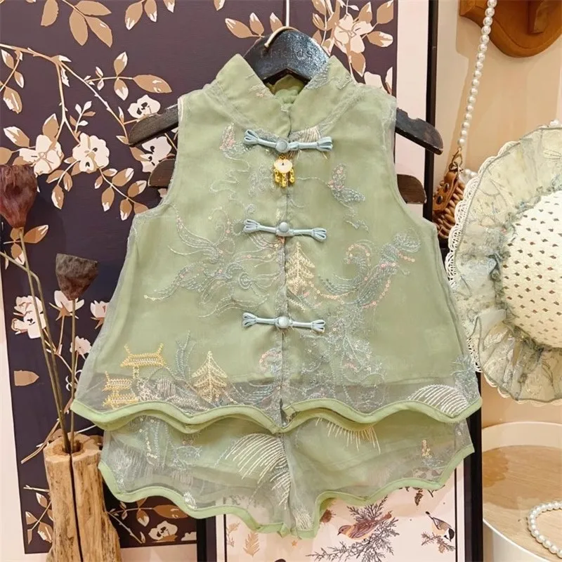 

TOY-2025Summer New Style Girls' New Chinese Style National Style Set Sleeveless Button Top Vest Shorts Embroidered Two-Piece Set