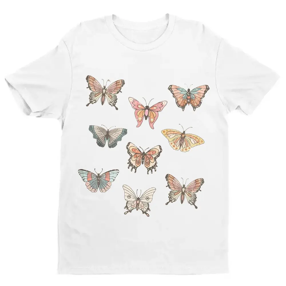 Butterfly Vintage T Shirts for Women Sun and Moon Graphic Tee Casual Cotton Crewneck Short Sleeve Gray Tops Y2k Top100% Cotton