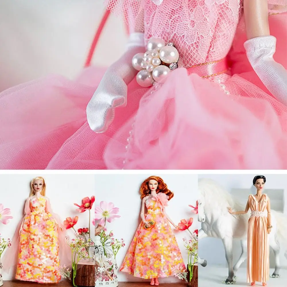 Moda europeia vestidos de renda rosa com xale sapatos colar luxo elegante vestido de noite para 1/6 bjd 30cm supermodelo bonecas