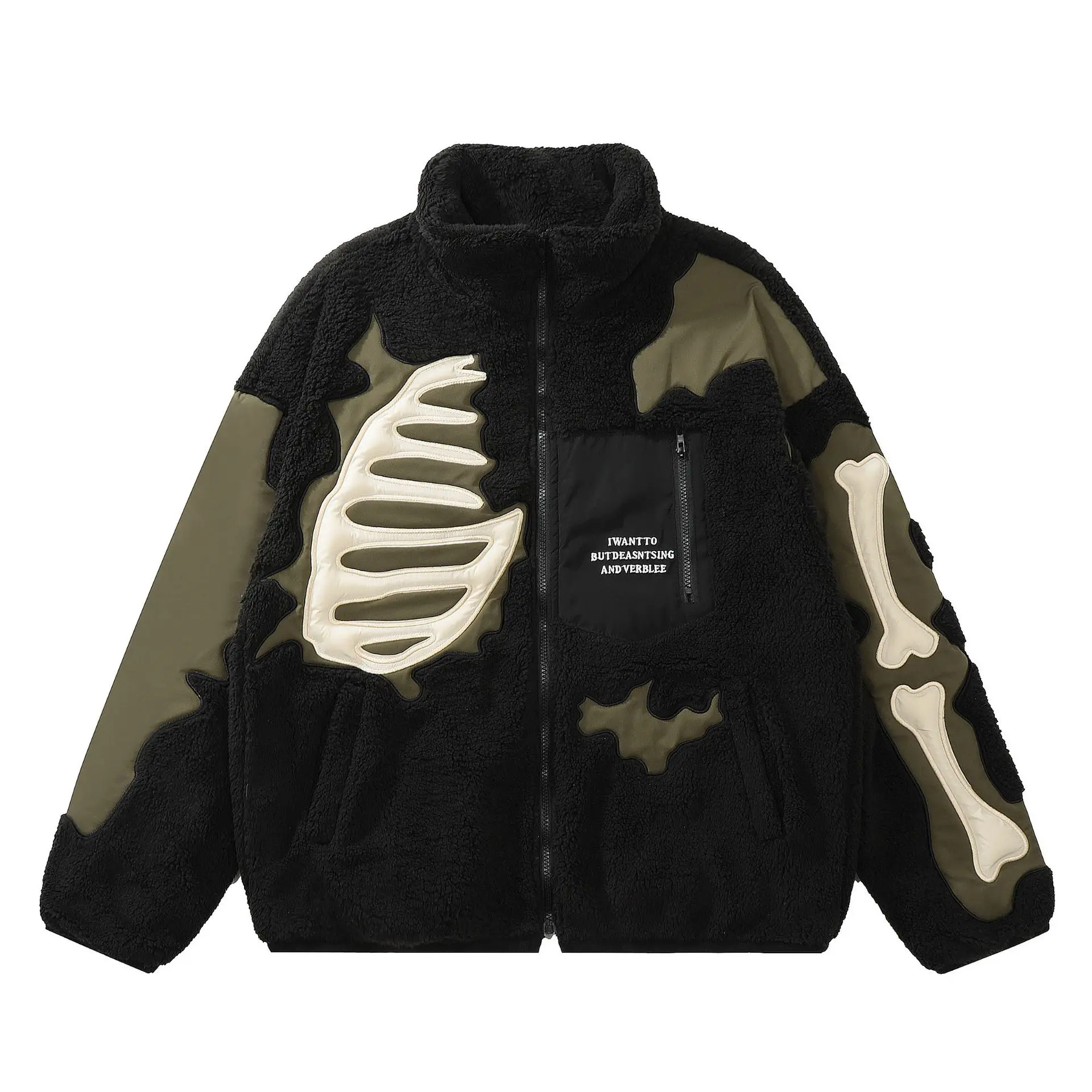 Hip Hop Fleece Warm Jacket Men Embroidery Skull Skeleton Bones Patch Lambswool Fuzzy Fluffy Coats Parka Harajuku Thicken Jackets