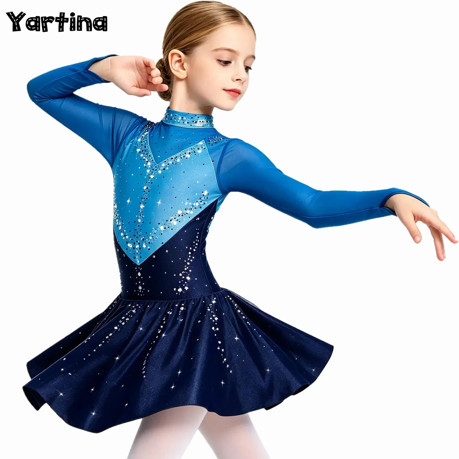 Mädchen Glitzer-Strass Gymnastik Eiskunstlauf Ballett Trikot Tanz-Performance-Kostüm Lyrisches Tanz-Leotard Kleider