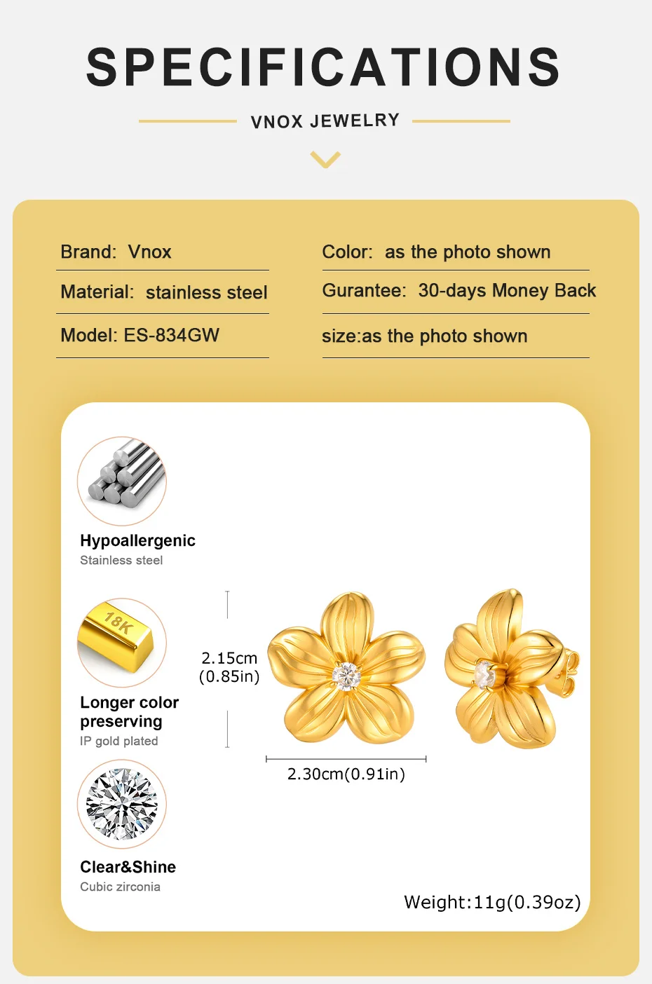Vnox Trendige Niedliche Blumen-Emaille-Zirkonia-Ohrstecker für Frauen, Vergoldete Übertriebene Blumenohrringe, Alltags- und Party-Schmuck – Detail 4