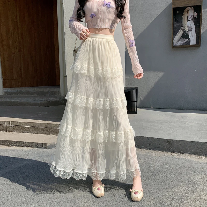 Lace Panel A-Line Midi Skirt Women's Spring 2026 Loose Cake Style Half-length Skirts New Arrival