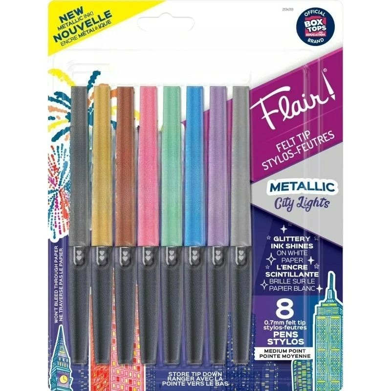 

Фломастеры Flair с фетровым наконечником # 1 Карандаш Teacher Choice, средняя твердость, 0,7 мм, цвет Metallic City Lights, 8 штук