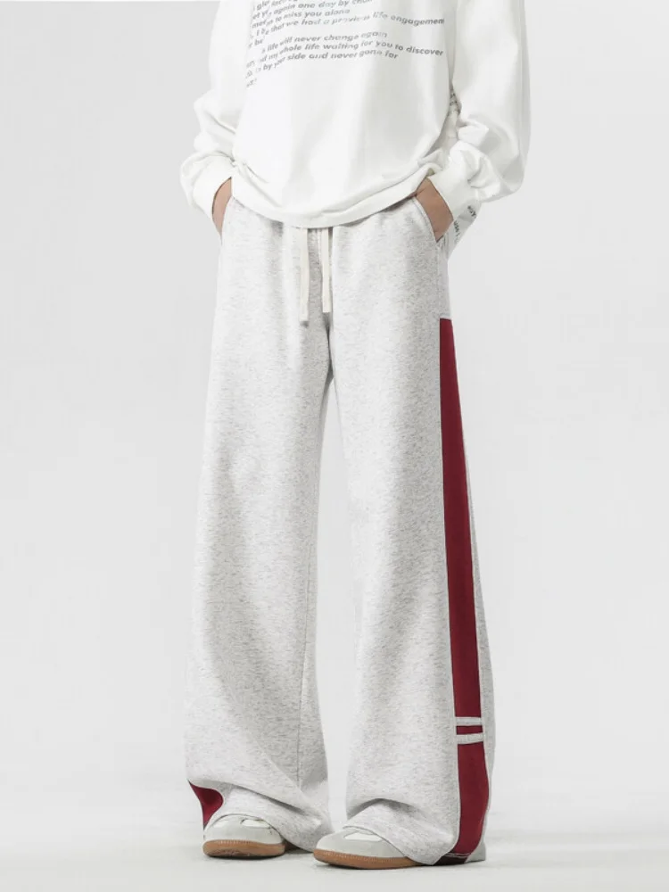 

Мужские спортивные брюки прямого кроя, свободные, струящиеся, с широкими штанинами, повседневные, в американском ретро-стиле, с полосатыми вставками, весна-осень