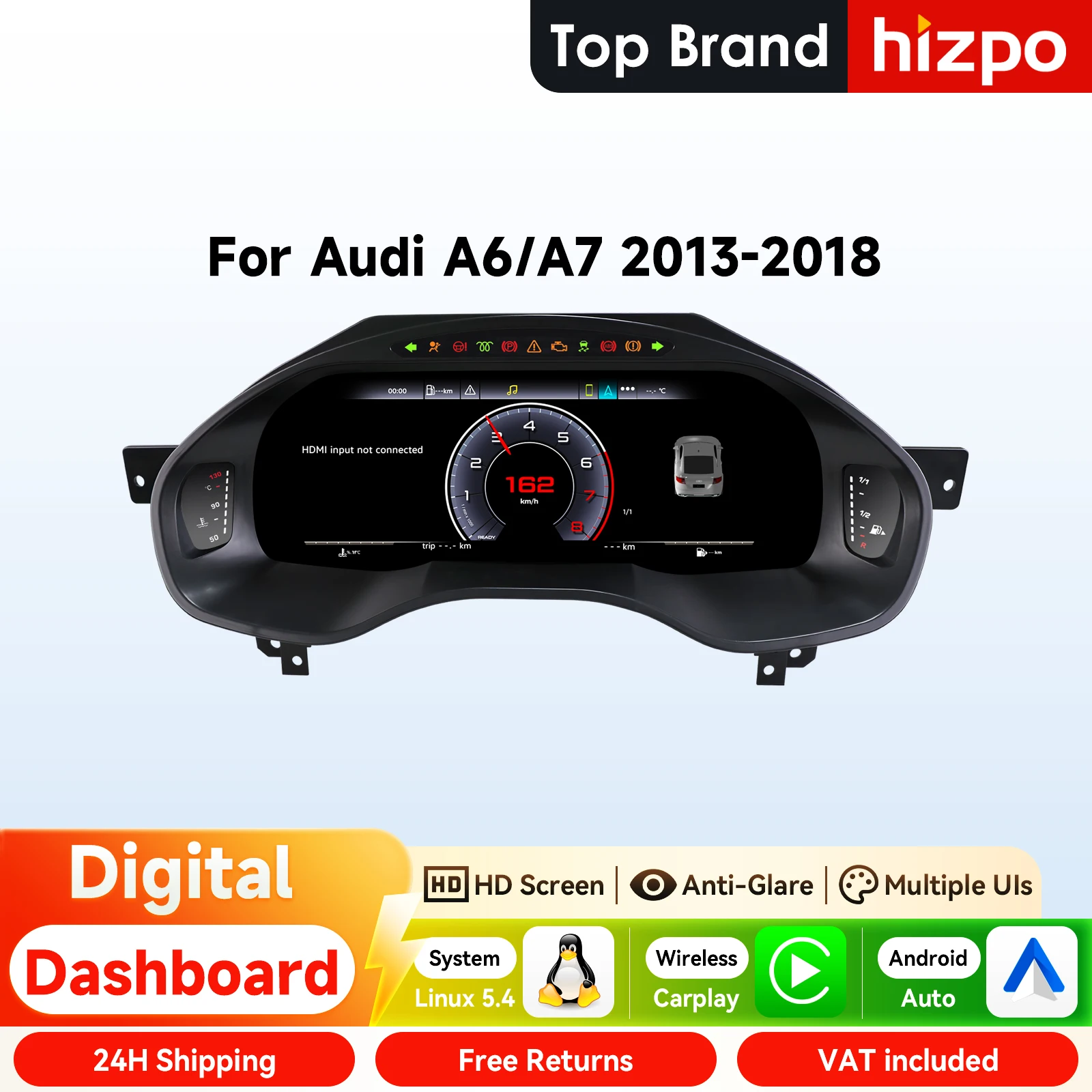 Quadro Strumenti Digitale Hizpo da 12,3 Pollici per AUDI A6 A7 2013-2018, Cruscotto LCD, Tachimetro, Cockpit Virtuale, Carplay, Android Auto