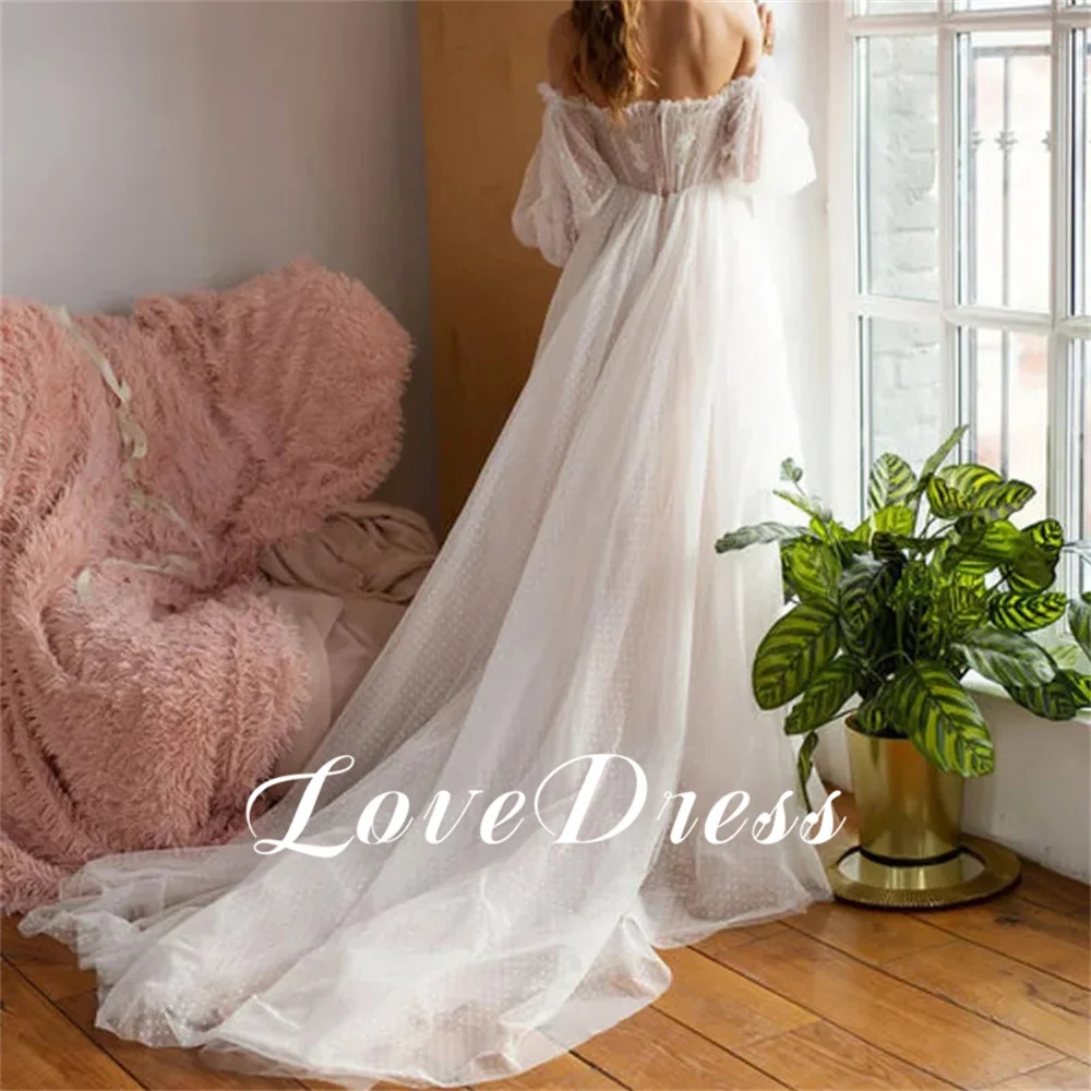 Love Elegant Wave point Off The Shoulder Sweetheart Tulle Wedding Dresses A-Line Floor Length Puffy Sleeves Backless Bridal Gown