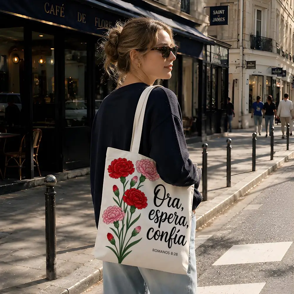 Faith Christian Sacred Floral Faith Storage Bags Reusable Canvas Tote Suitable for School Class Commuting Shopping as Gifts