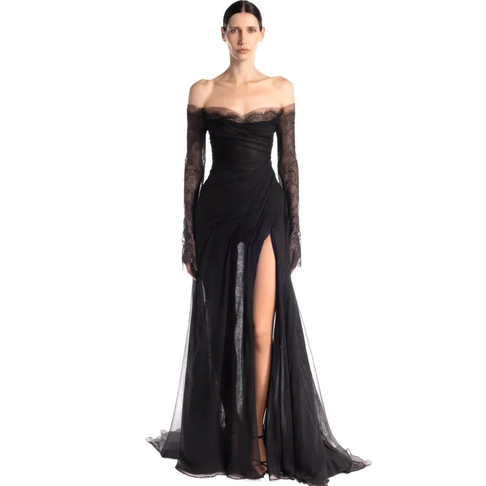 فستان سهرة أسود مثير قبالة الكتف عارية الذراعين الدانتيل الطمي ألف خط طويل حفلة موسيقية مهرجان عيد ميلاد فساتين رداء دي سواريه #5