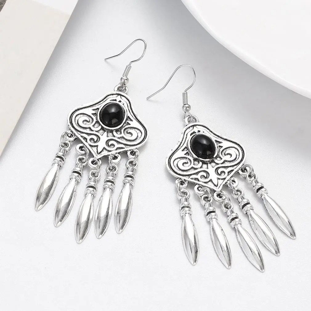 Vintage Ethnic Natural Stone Indian Earrings Jhumka Female Antique Silver Plated Geometric Carved Earrings Party Tassel Jewelry