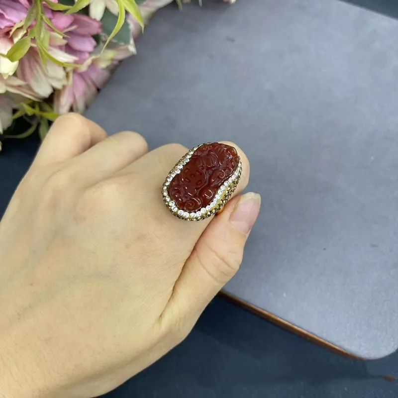 1piece red agate carved  brave troops  Ring FOR WOMEN +ZIRCON RING